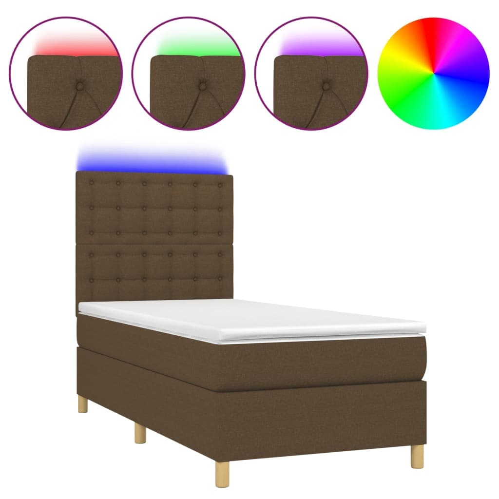 vidaXL Cama box spring c/ colchão/LED 90x200 cm tecido castanho-escuro
