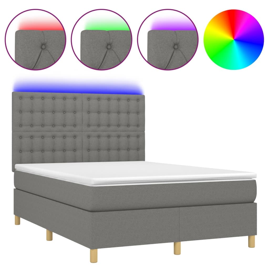 vidaXL Cama box spring c/ colchão e LED 140x190 cm tecido cinza-escuro