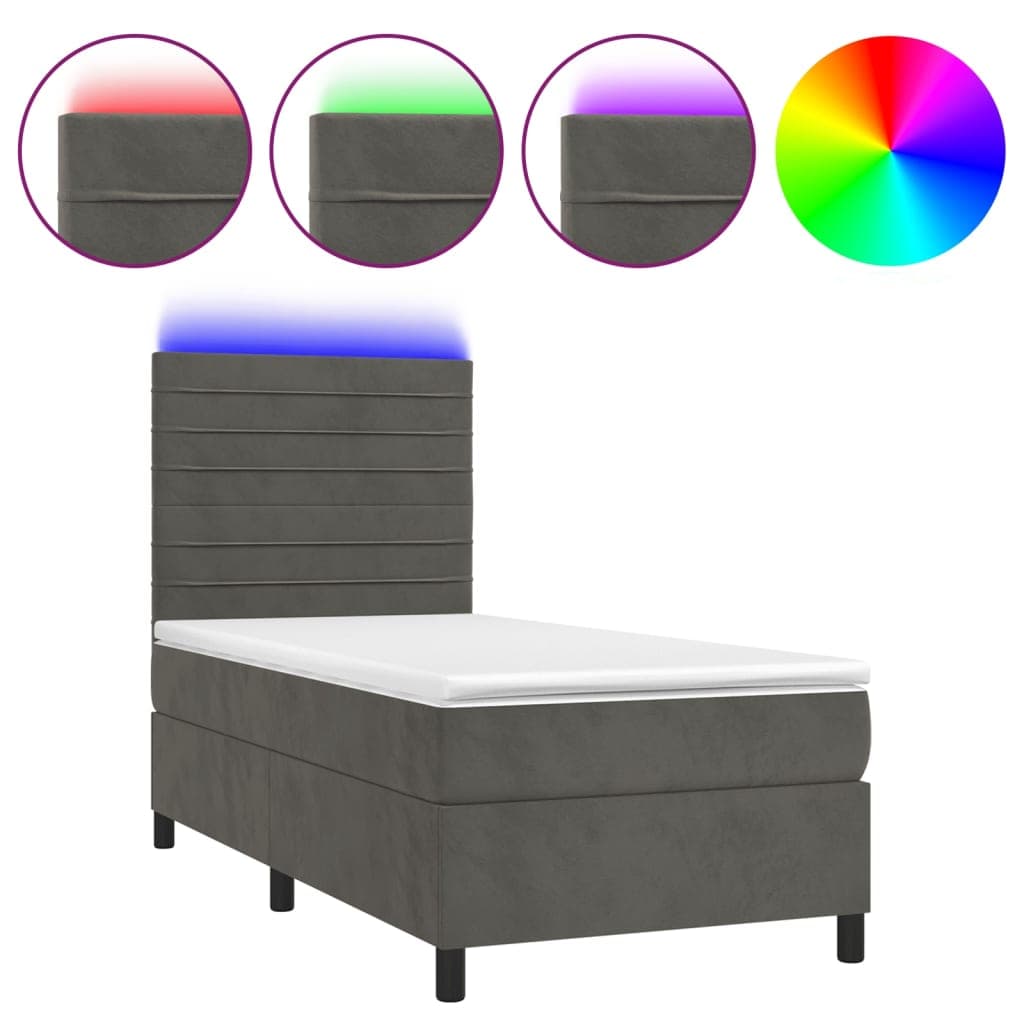 vidaXL Cama box spring c/ colchão/LED 100x200cm veludo cinzento-escuro
