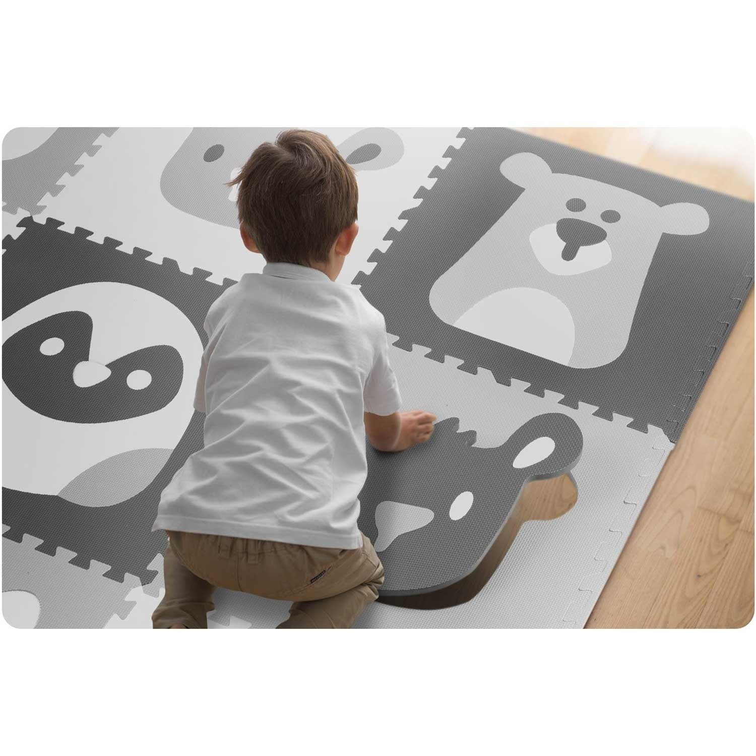Tapete puzzle em espuma 180 x 180 cm 9 peças animais cinzentos