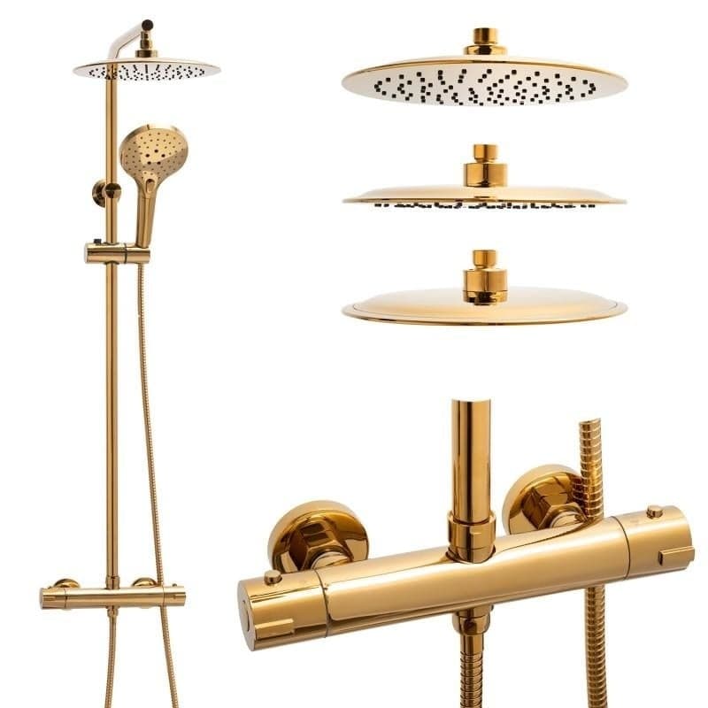 Conjunto de duche com termostato e chuveiro 25 cm dourado