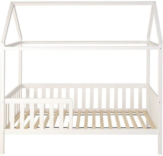 Cama infantil tipo casa 200 x 90 cm em madeira branca com grade