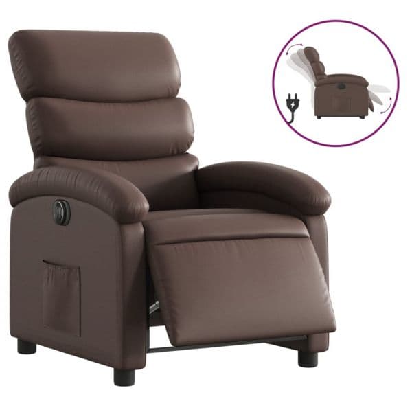 Poltrona Reclinável Elétrica Couro Artificial Castanho - 2904574582