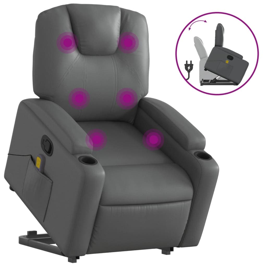 vidaXL Poltrona massagens reclinável elevatória couro artif. cinzento