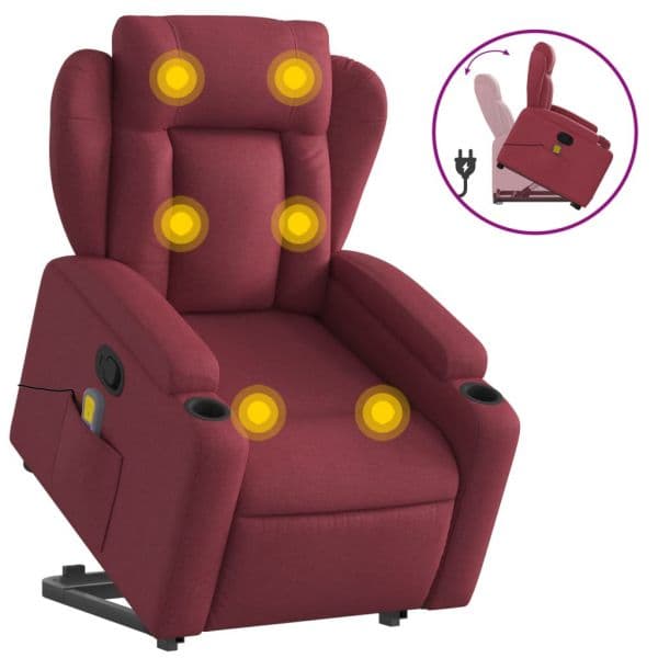 vidaXL Poltrona de Massagens Reclin. Elevatória Tecido Vermelho Tinto - 3647088368