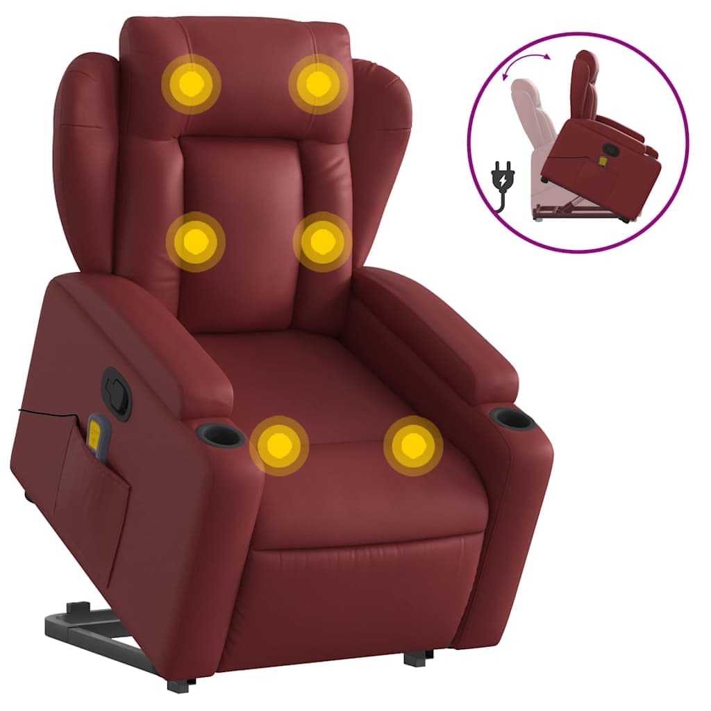 vidaXL Poltrona massagens reclinável couro artificial vermelho tinto