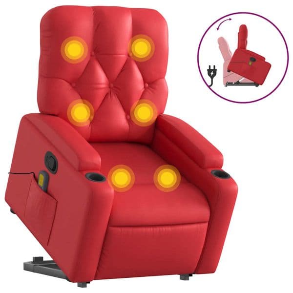 vidaXL Poltrona Massagens Reclinável Elevatória Couro Artificial Vermelho - 1530329170