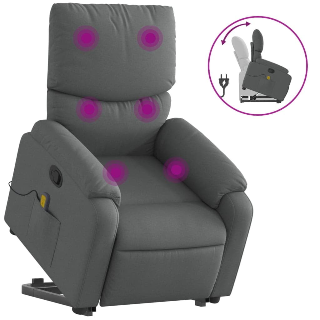 vidaXL Poltrona elevatória de massagens tecido cinzento-escuro