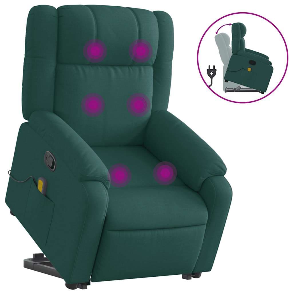 vidaXL Poltrona reclinável elevatória de massagens tecido verde-escuro