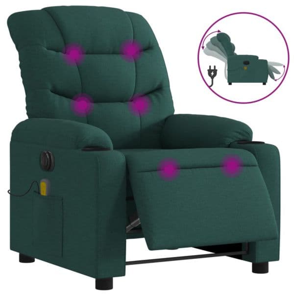 vidaXL Poltrona Reclinável de Massagens Elétrica Tecido Verde-escuro - 3039539415