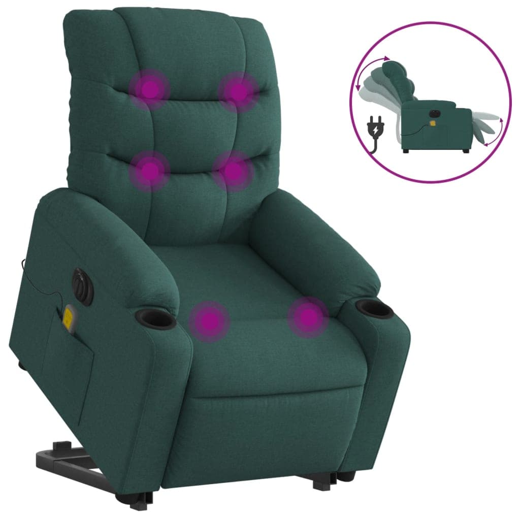 vidaXL Poltrona elétrica elevatória massagens tecido verde-escuro