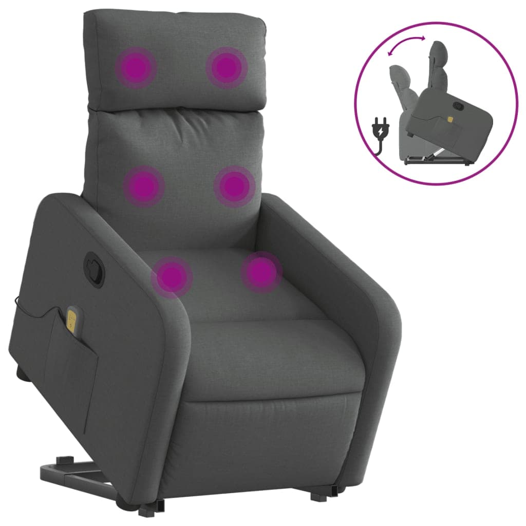 vidaXL Poltrona elevatória de massagens tecido cinzento-escuro