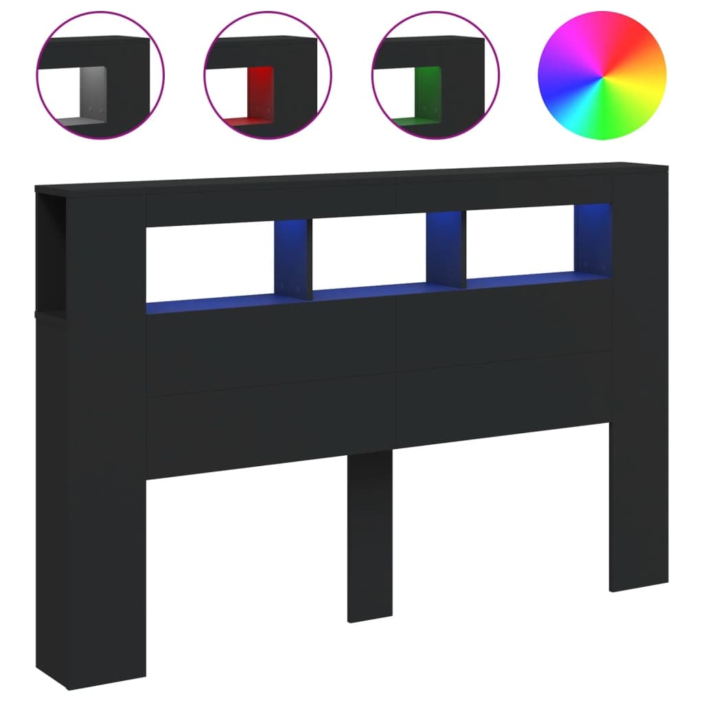 vidaXL Cabeceira cama c/ LEDs 160x18,5x103,5 cm deriv. madeira preto