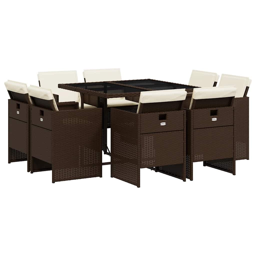 vidaXL 9 Peças Conjunto Jantar para Jardim com Almofadões Vime Pe Castanho - 3293643637