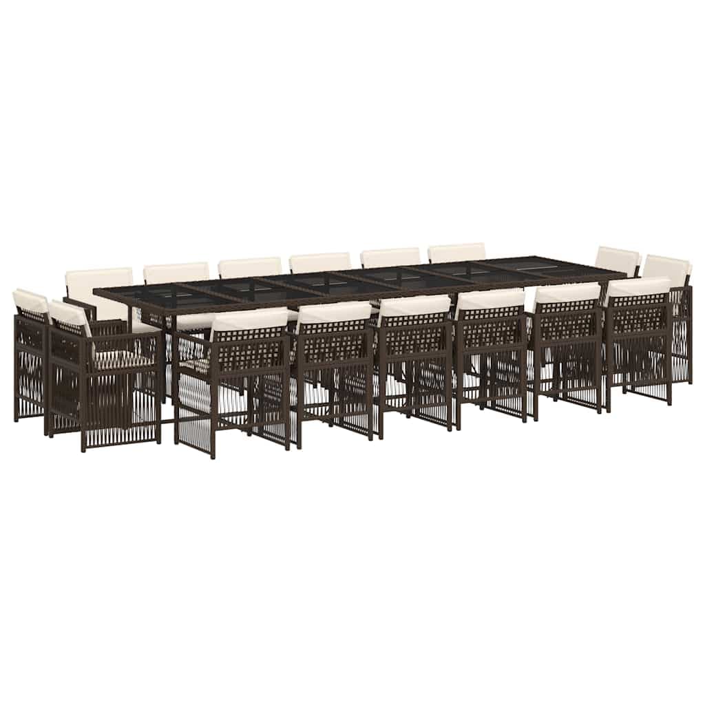 vidaXL 17 pcs conjunto jantar p/ jardim c/ almofadões vime PE castanho
