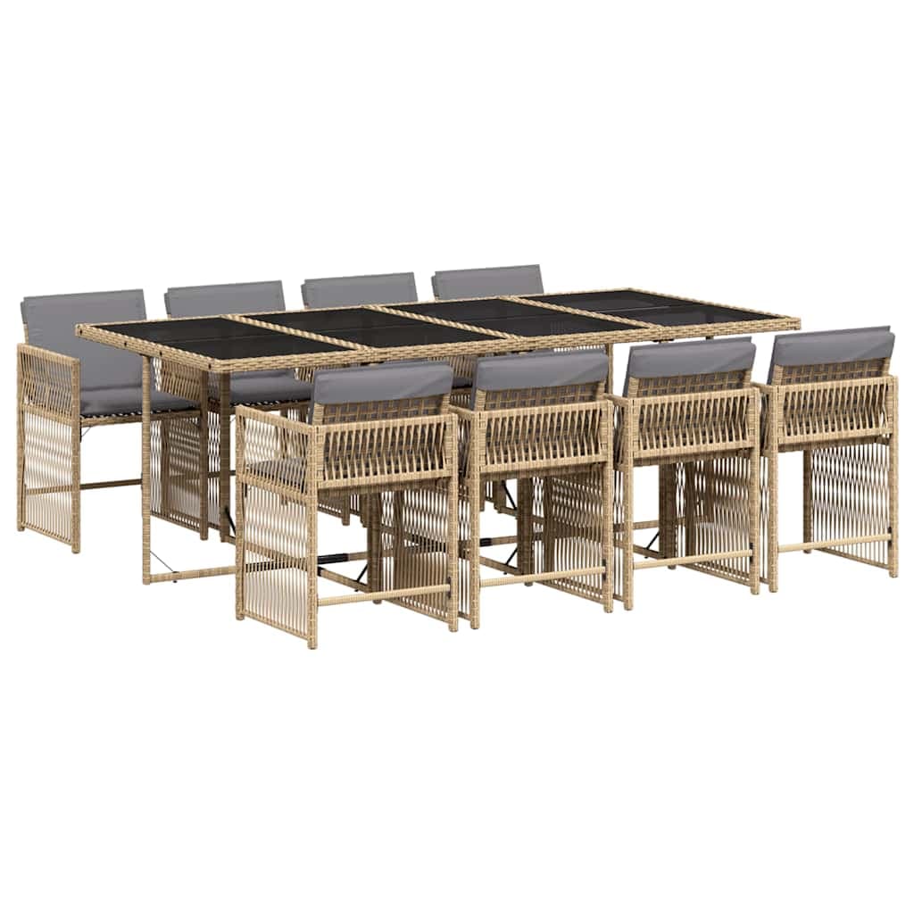 vidaXL 9 pcs conj. jantar jardim c/ almofadões vime PE bege misturado