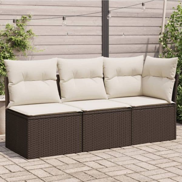 vidaXL Sofá de Jardim com Almofadões 3 Lugares Vime Pe Castanho - 1694506373