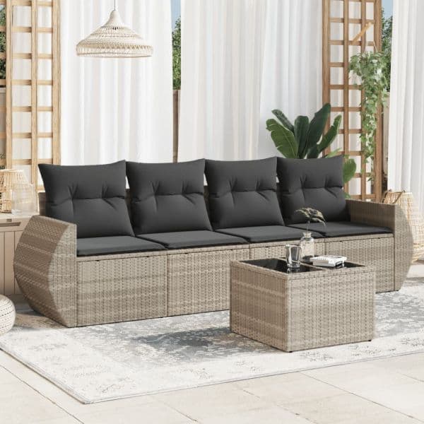 vidaXL 5 Peças Conjunto Sofás Jardim com Almofadões Vime Pe Cinzento-claro - 2048297035