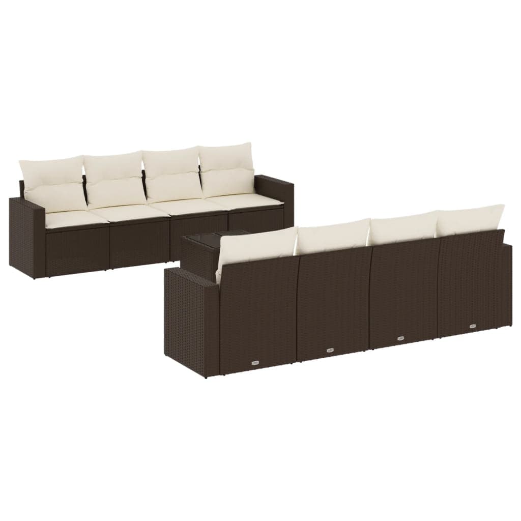 vidaXL 9 Peças Conjunto Sofás para Jardim com Almofadões Vime Pe Castanho - 508671221