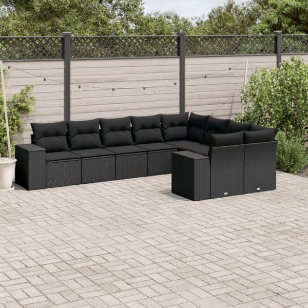 vidaXL 9 Peças Conjunto de Sofás para Jardim com Almofadões Vime Pe Preto - 1117258081
