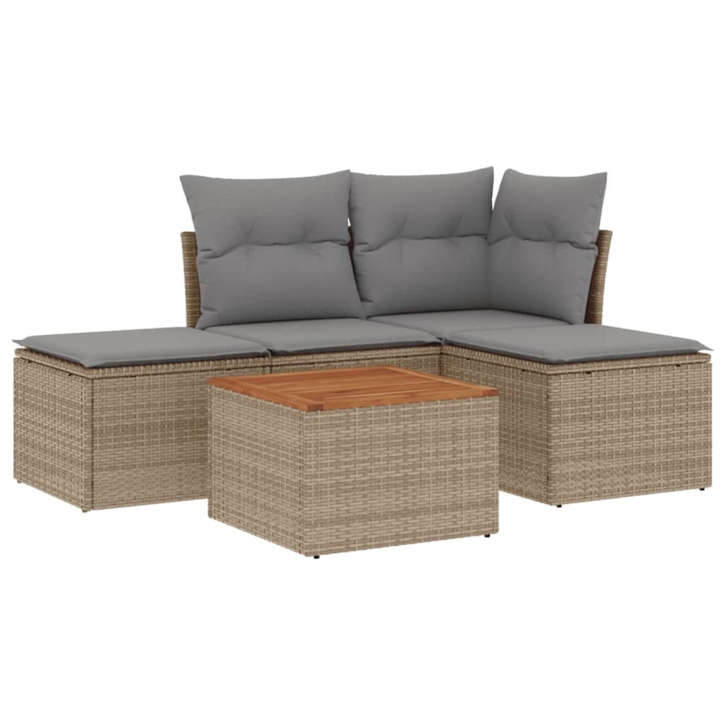 vidaXL 5 pcs conj. sofás jardim c/ almofadões vime PE bege misturado