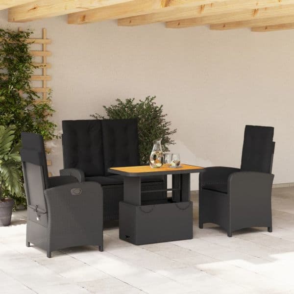 vidaXL 4 Peças Conjunto de Jardim para Jardim com Almofadões Vime Pe Preto - 2461409959