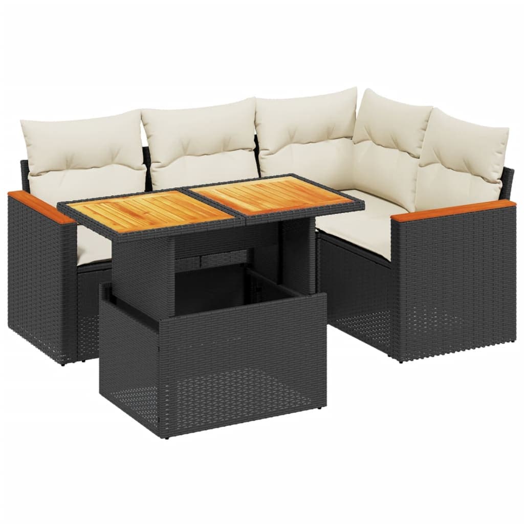 vidaXL 5 Peças Conjunto Sofás de Jardim com Almofadões Vime Pe Preto - 3449174040