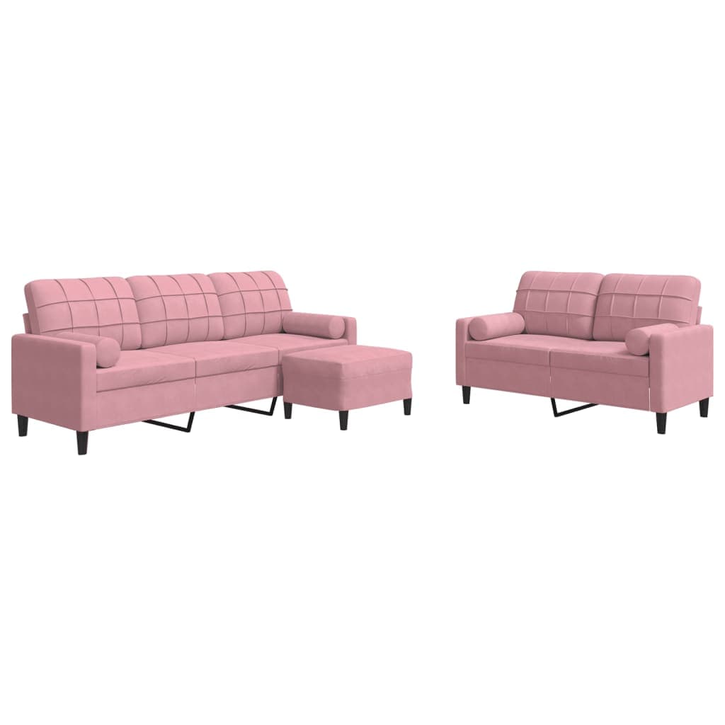 vidaXL 3 pcs conjunto de sofás com almofadões e rolos veludo rosa
