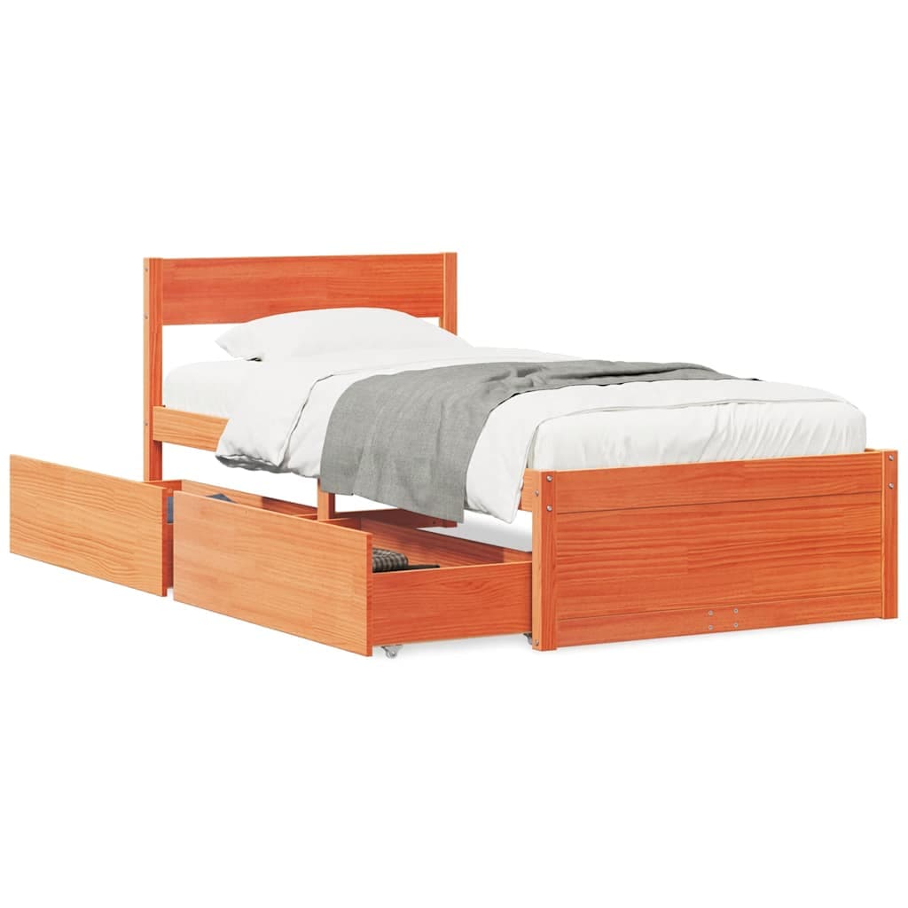 vidaXL Estrutura Cama com Gavetas 100x200 cm Pinho Maciço Castanho-mel - 3267972705