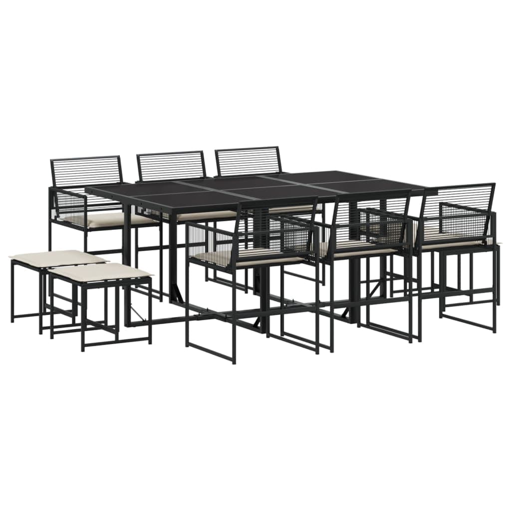 vidaXL 11 pcs conjunto de jantar p/ jardim c/ almofadões vime PE preto
