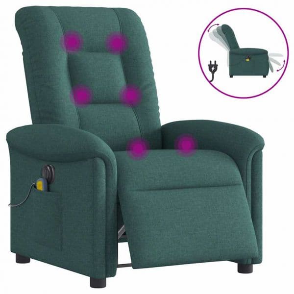 vidaXL Poltrona Reclinável de Massagens Elétrica Tecido Verde-escuro - 3115674609