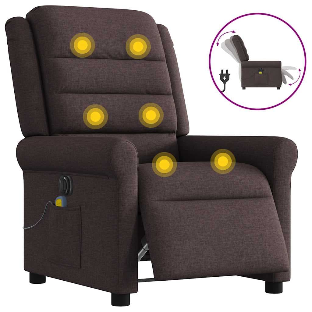 vidaXL Poltrona reclinável massagens elétrica tecido castanho-escuro