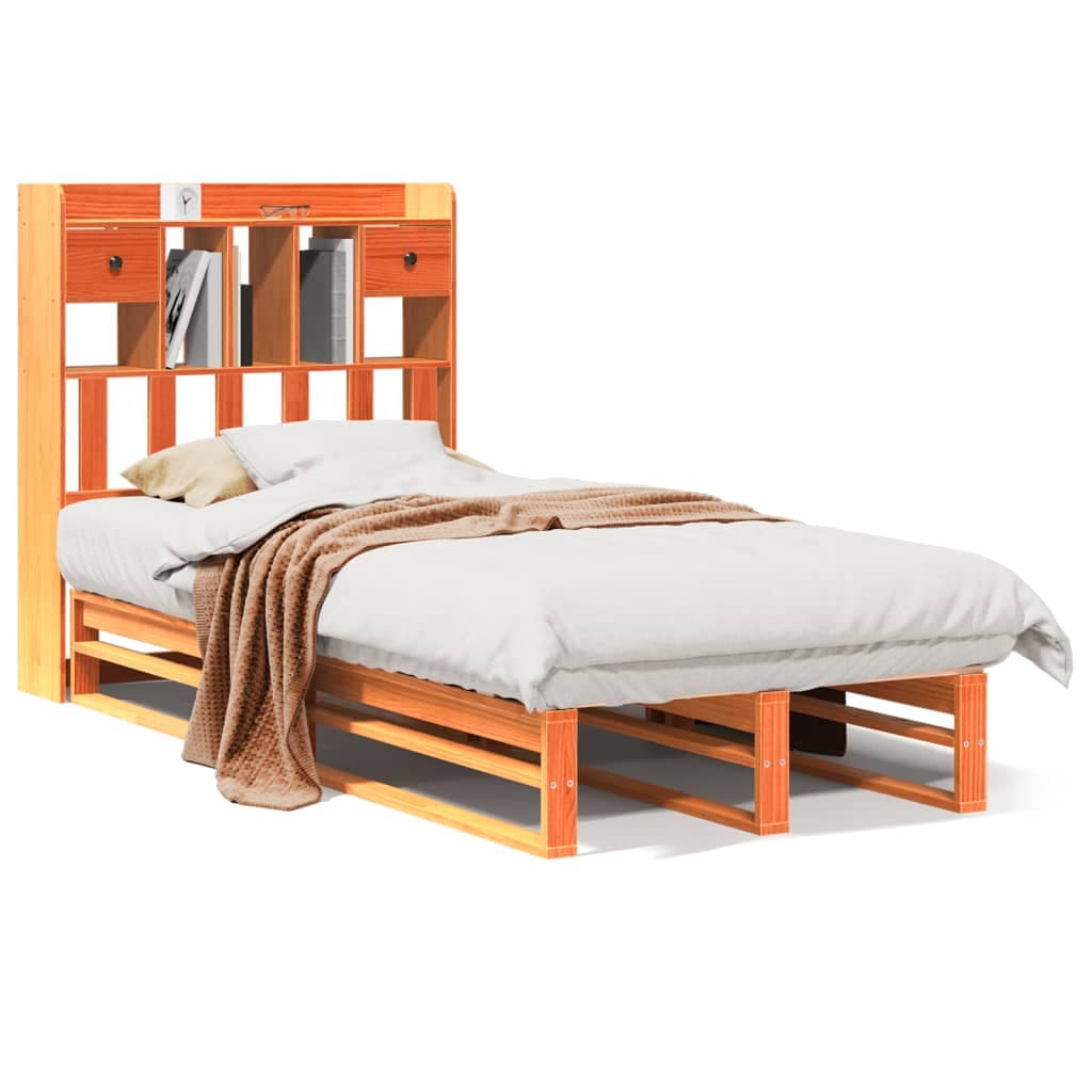 vidaXL Cama c/ estante sem colchão 100x200cm pinho maciço castanho-mel