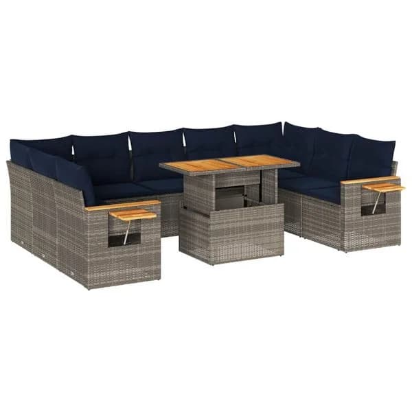 vidaXL 10 Peças Conjunto Sofás Jardim Almofadões Vime Pe/acácia Cinzento - 577749716