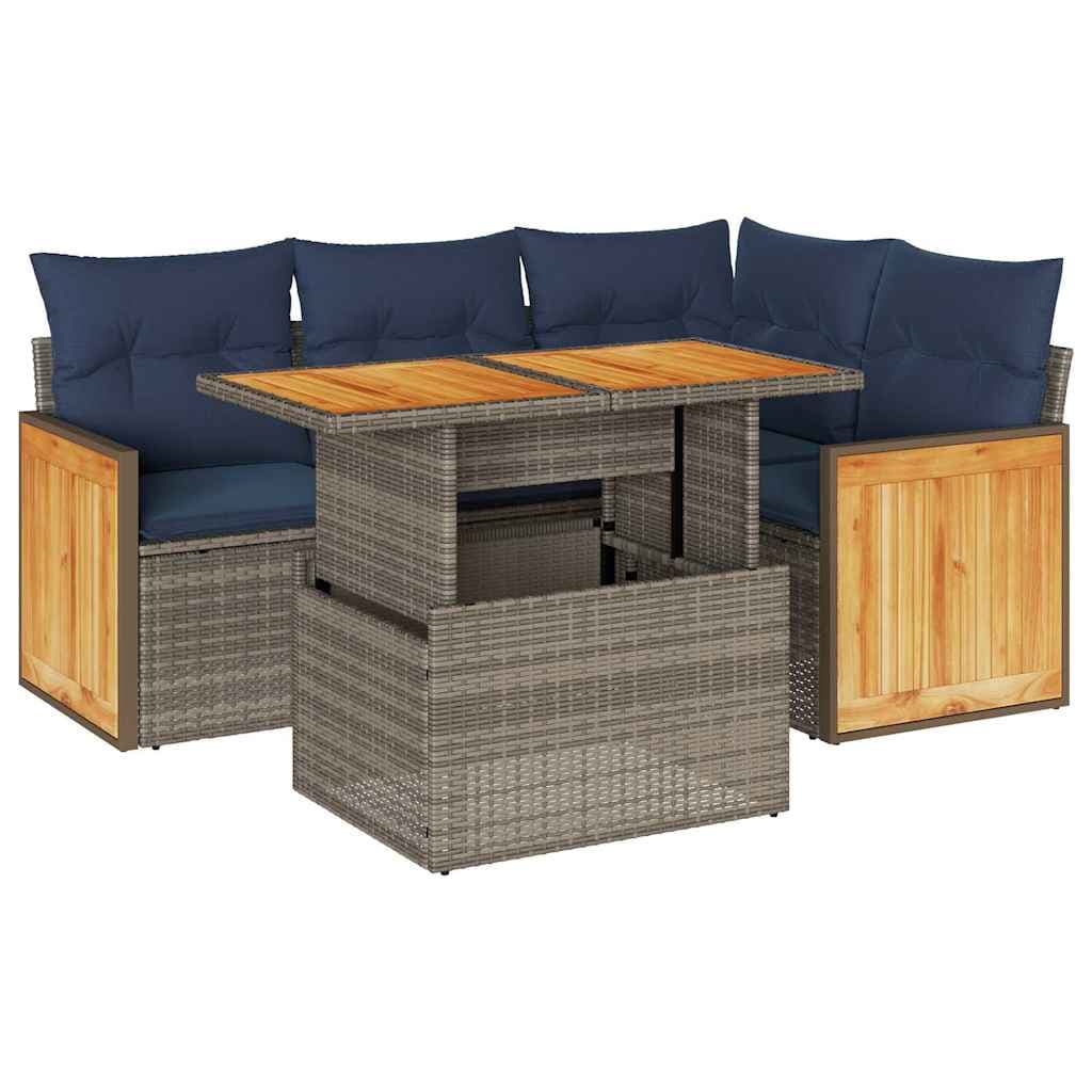 vidaXL 5 Peças Conjunto Sofás de Jardim com Almofadões Acácia e Vime Pe - 963645786