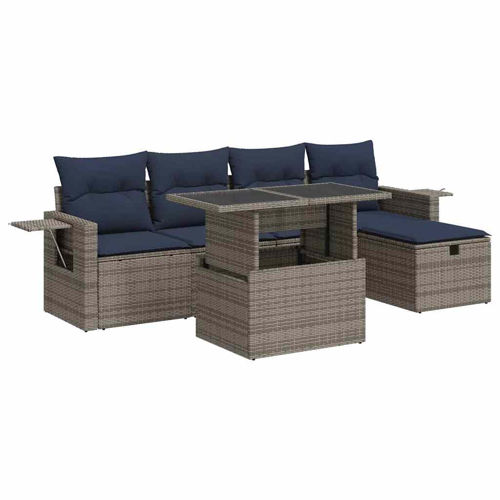 vidaXL 6 Peças Conjunto Sofás Jardim com Almofadões Vime Pe/acácia Castanho - 914823814