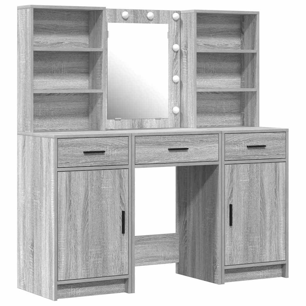 vidaXL Conjunto de Mesa de Maquiagem com LED 3 pcs Cinza Sonoma