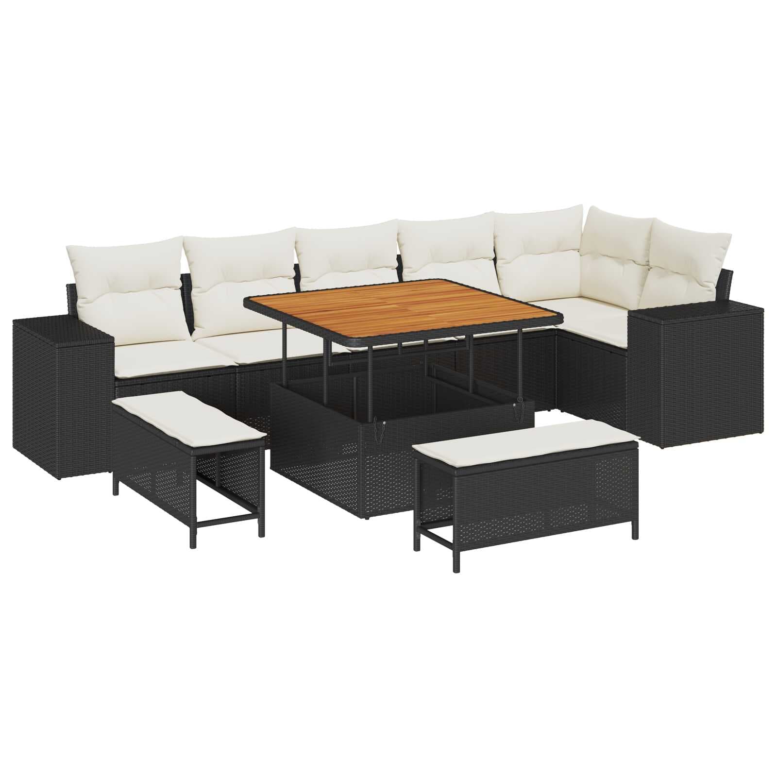 vidaXL Conjunto de Sofá de Jardim com almofada 9 pcs Preto vime PE