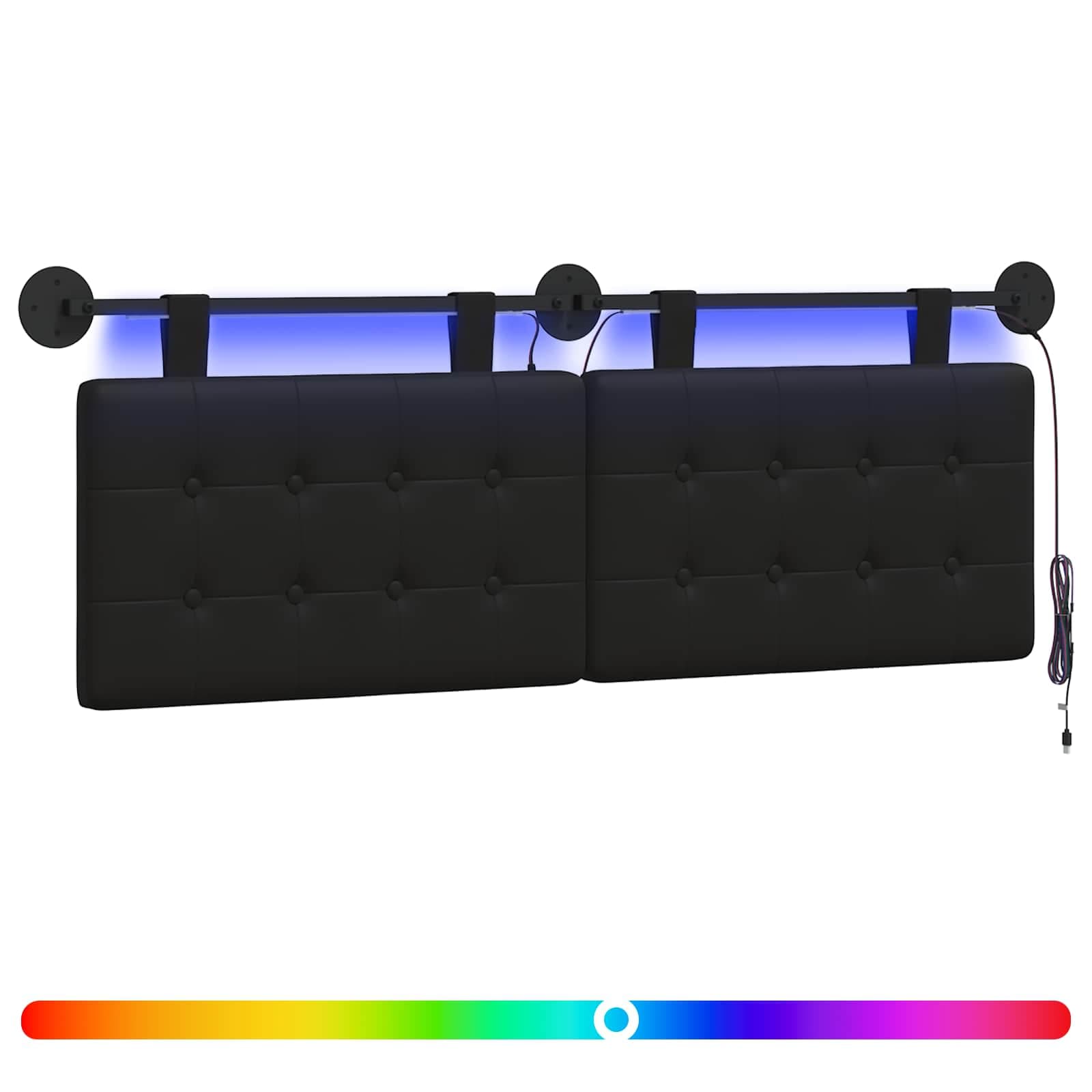 vidaXL Cabeceira suspensa Com luz LED Preto Couro Sintético